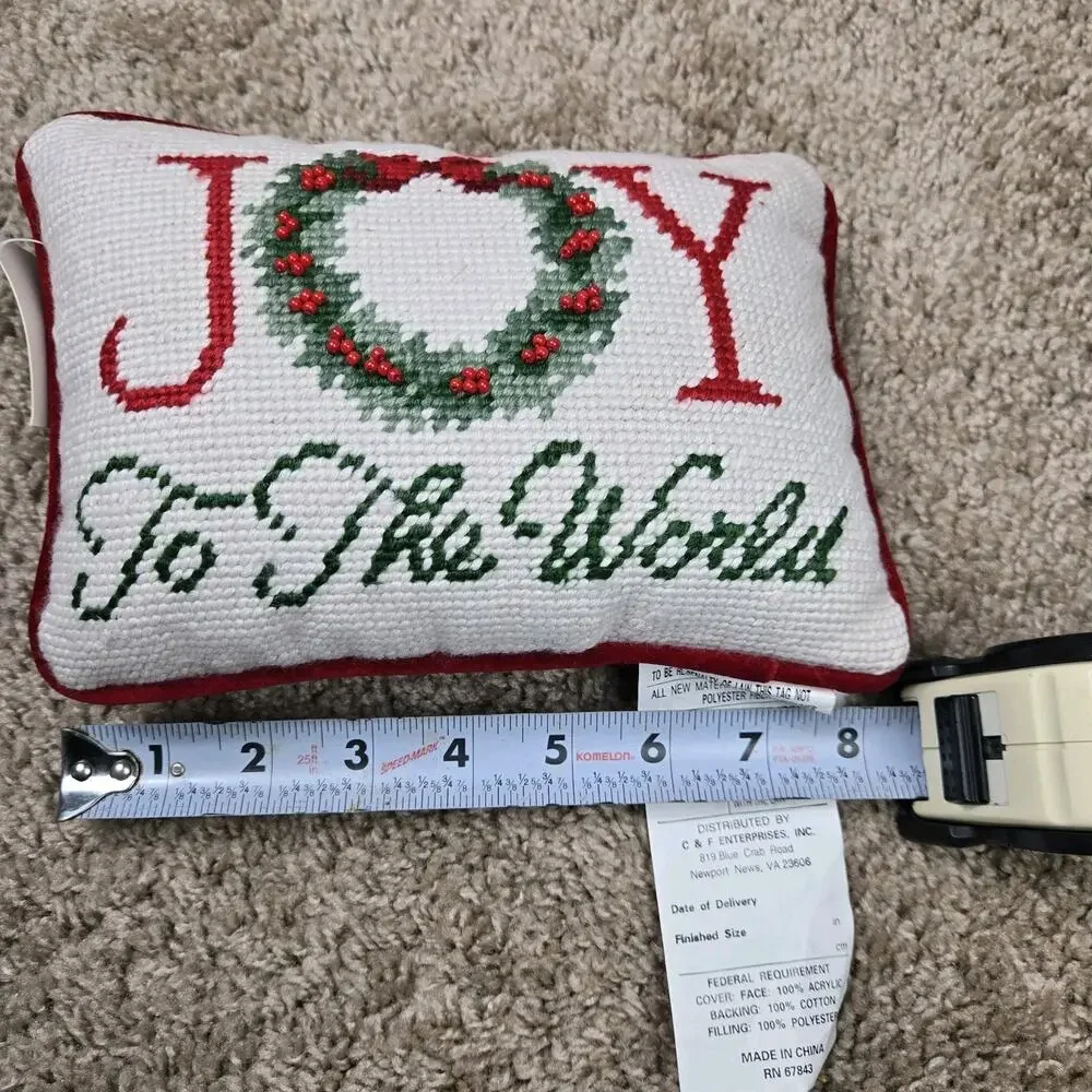 Joy to the World Needlepoint Small‎ Pillow Beaded Wreath Berries Christmas By CF